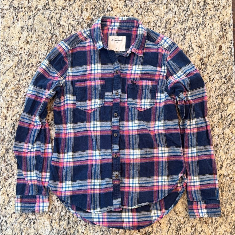 Abercrombie kids girls Navy and Pink Plaid flannel button down Shirt size L